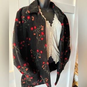 Park Lane Black Teddy Jacket with Red Floral Design Vintage sweater cozy farm